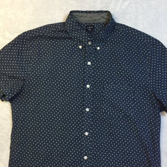 J Crew Shirt Mens Size L Navy Blue White Geo Button Down Short Sleeve Cotton - Picture 10 of 13